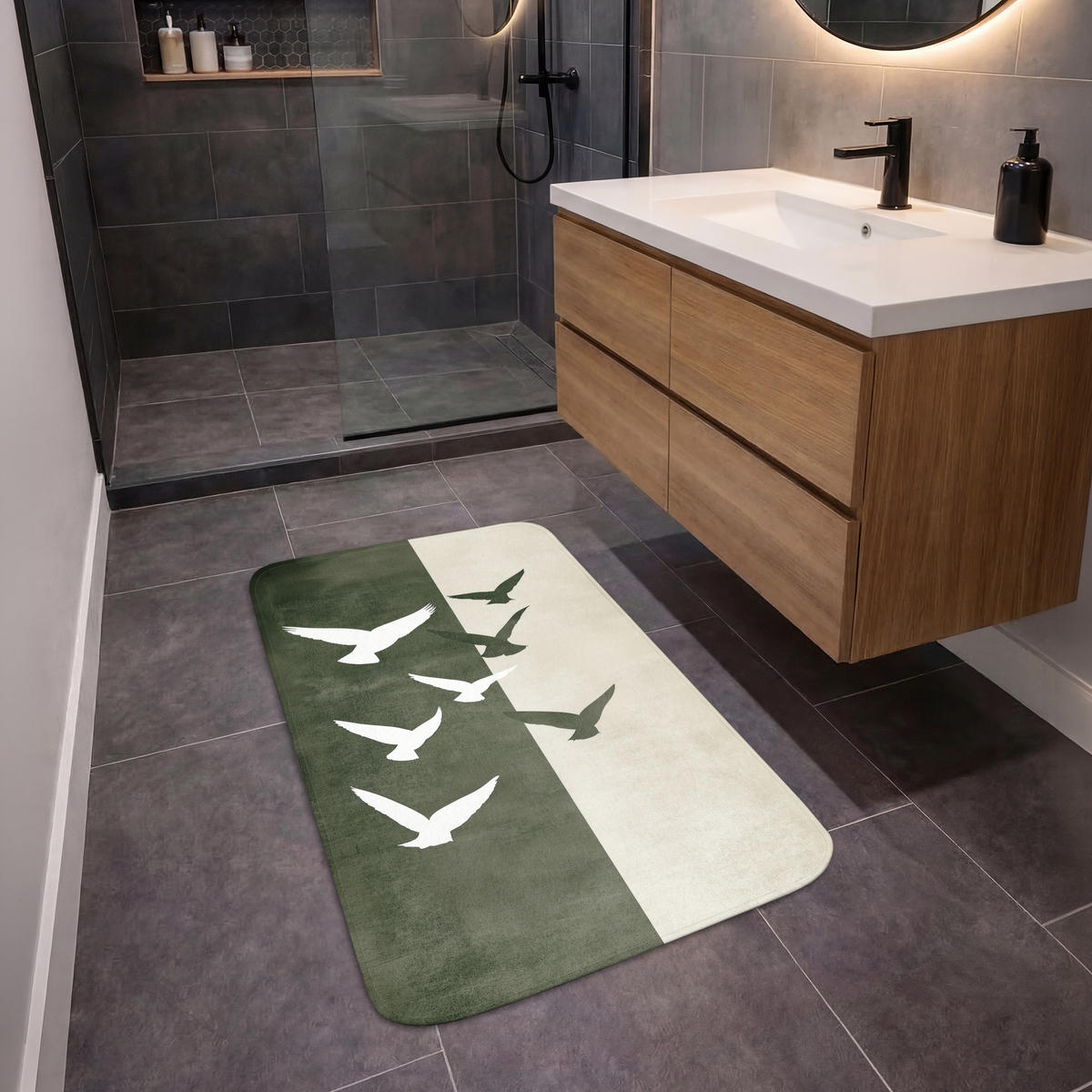 KOUPELNOVÁ PŘEDLOŽKA Japandi - Pták - Zelený 60x90 cm - olivově zelená, textil/plast (60/90cm)