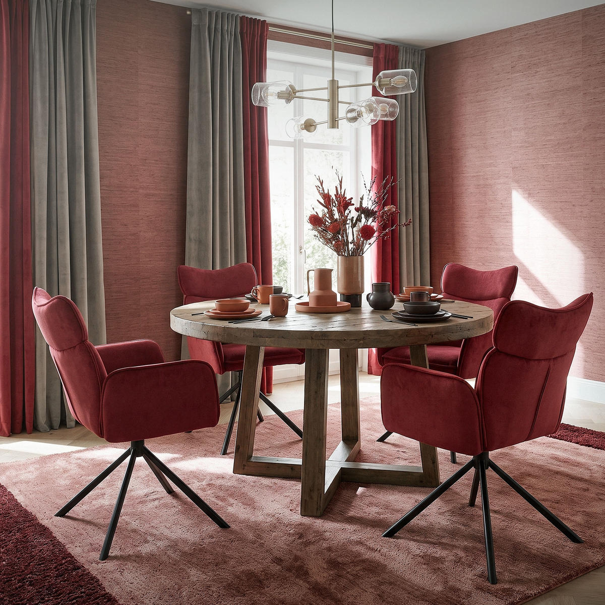ESSZIMMERSTÜHLE 2er Set drehbar Rot mit Stoffbezug - Rot/Schwarz, Textil/Metall (63/89/68cm) - ML-DESIGN