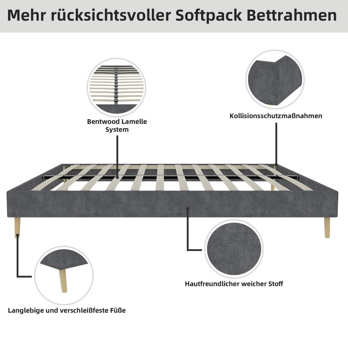 POLSTERBETT 160/200 cm grau aus Stoff und Metall mit LED und verstellbarer Rückenlehne - Grau, Textil (160/200cm) - OKWISH