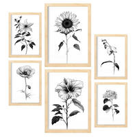 POSTER Set Mit 6 Helle Blumen Natur Und Botanikdrucke Mit Blumenmotiven In Klassischem Schwarz Und Weiß A3 & A4 Rahmen Aus Hellem Holz - Beige, Papier (29/3cm) - Nacnic
