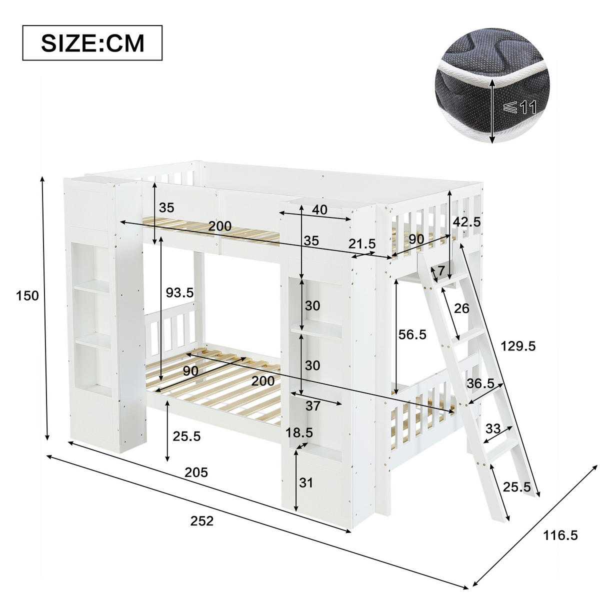 ETAGENBETT 90x200 cm in Weiß mit 2 Frontschränken, Hängeregal und Rausfallschutz - Weiß, Holz (90/200cm) - IVMEU