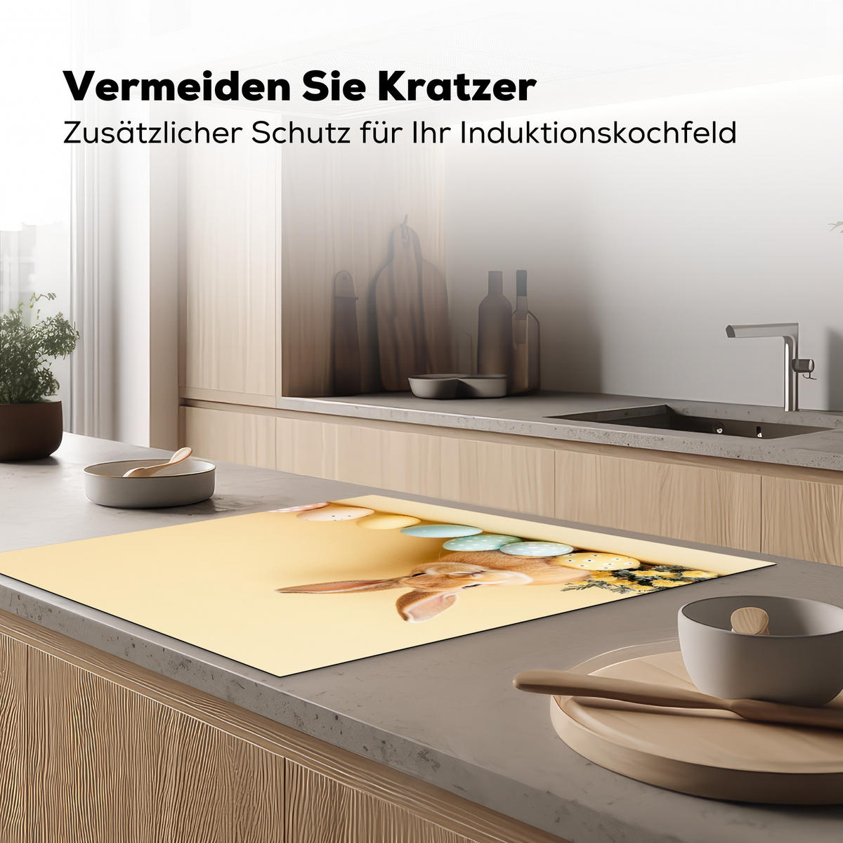 HERDABDECKPLATTE Eier - Kaninchen - Pastellfarbtöne Induktionsmatte 78x78 cm - Hellgelb, Kunststoff (78/78/0.2cm) - MuchoWow