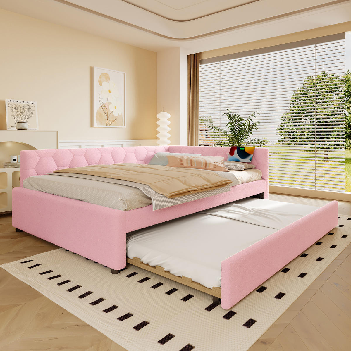 TAGEBETT 140x200cm Rosa Vliesimitat Nachttischlampe Ausziehbett USB-C - Pink, Holz (140/200cm) - FLIEKS