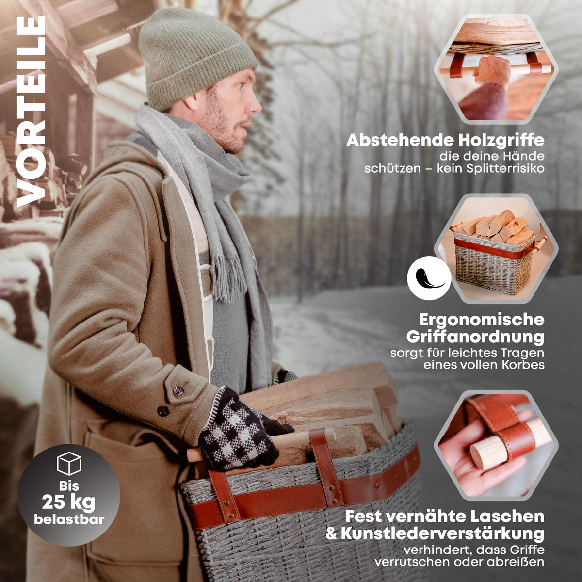 KAMINHOLZKORB WillowWrap Weide mit ausreißsicheren Holzgriffen 50/40/35 cm - Grau, Naturmaterialien (40/35/50cm) - OAKAGE