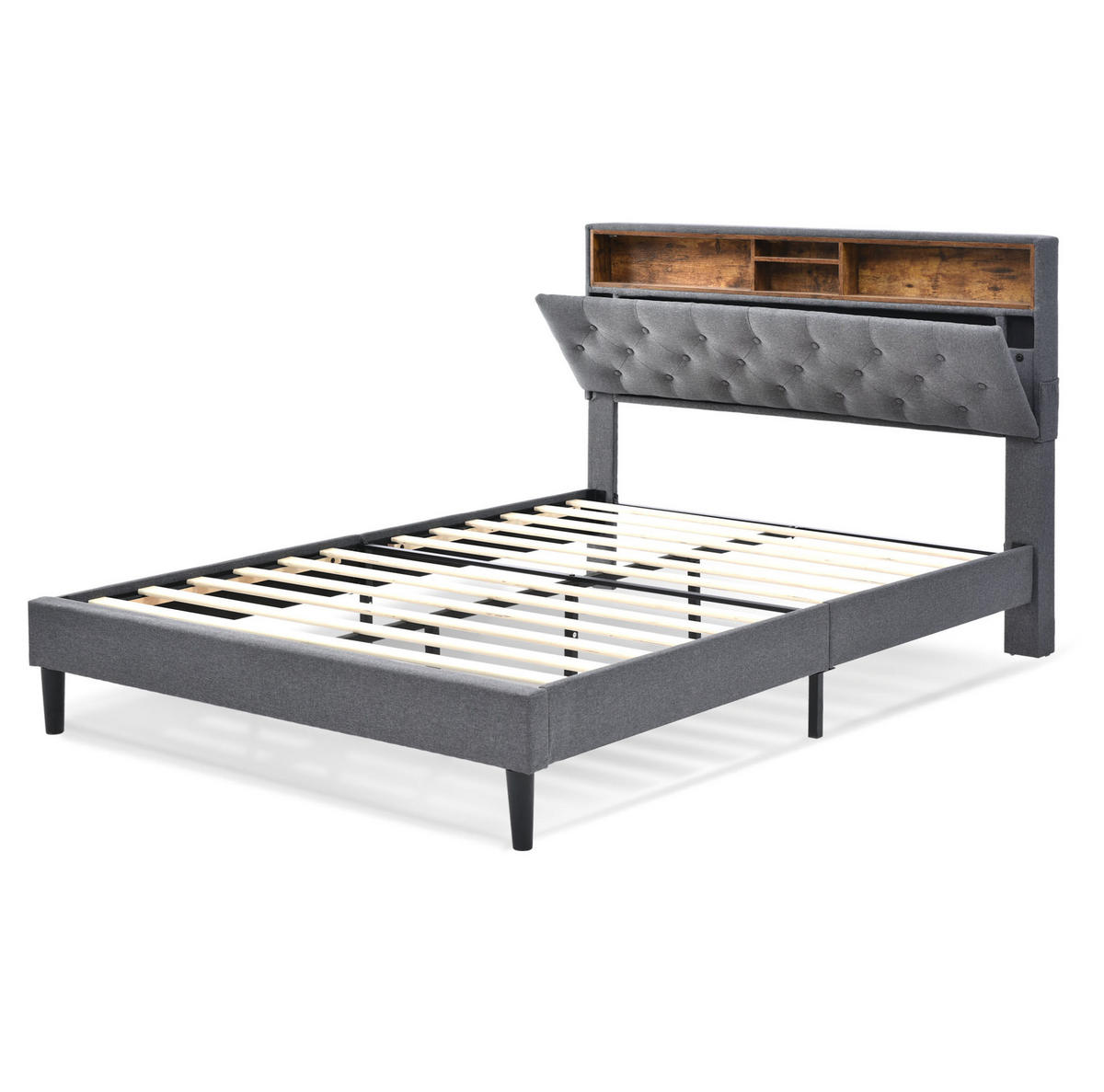 POLSTERBETT 140/200 cm Grau aus Massivholz mit Stauraum-Kopfteil und LED-Beleuchtung - Grau, Holz (140/200cm) - OKMYHOME