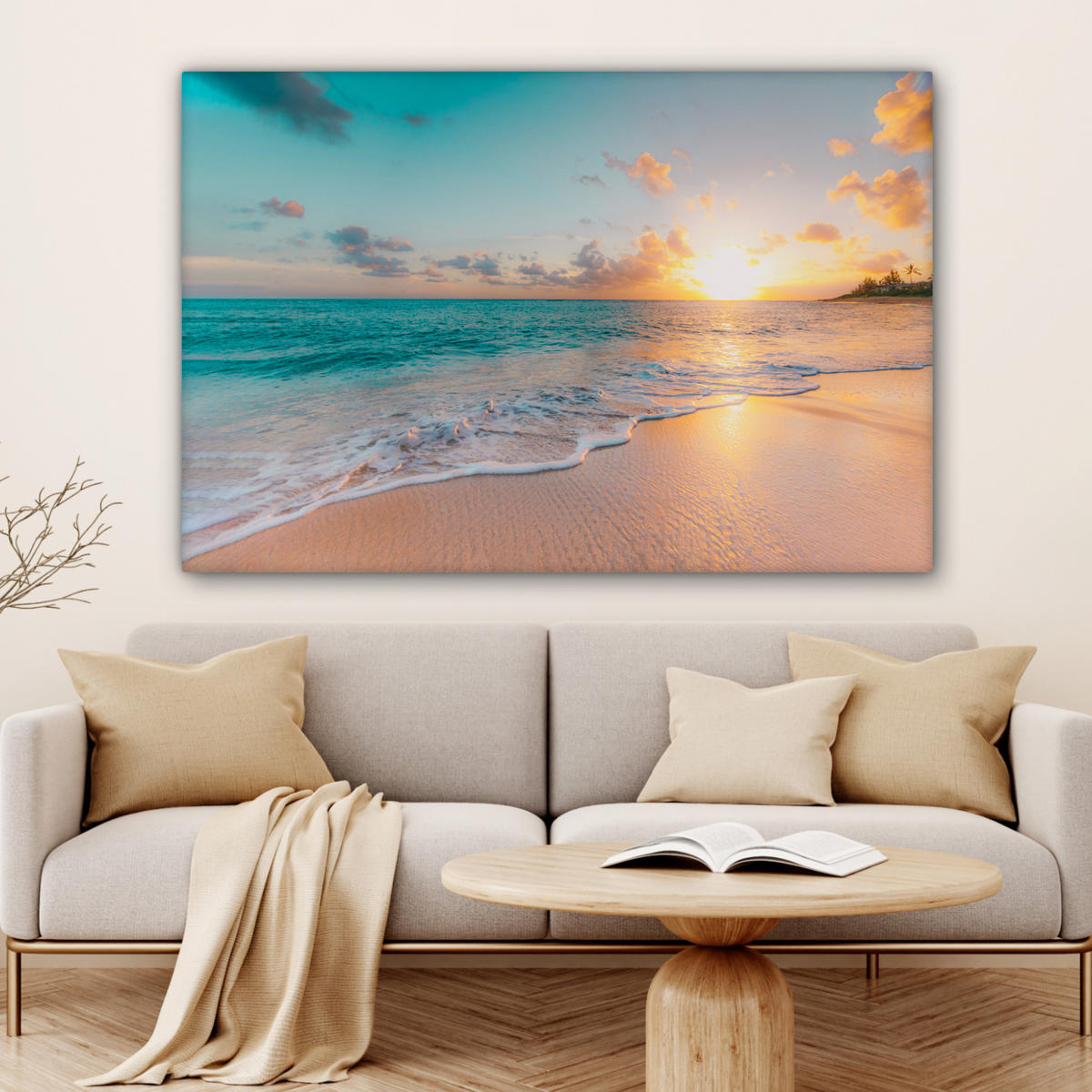 OBRAZ NA PLÁTNE Západ slnka - Pláž - More - Leto - Modrá 120x80 cm - viacfarebná, textil (120/80cm) - MuchoWow
