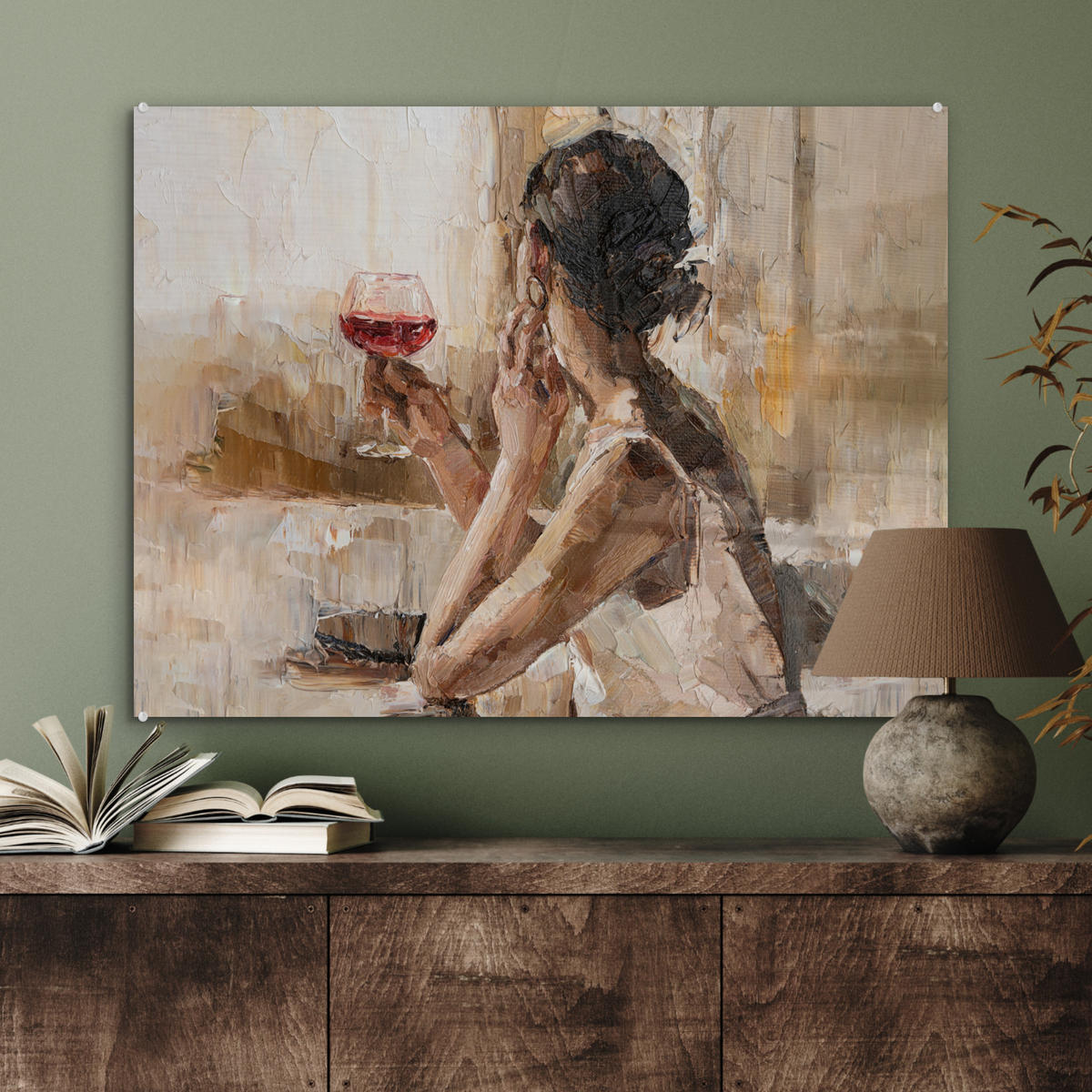 OBRAZ NA AKRYLOVOM SKLE Olejomaľba - Žena - Víno 80x60 cm - svetlohnedá, sklo (80/60cm) - MuchoWow