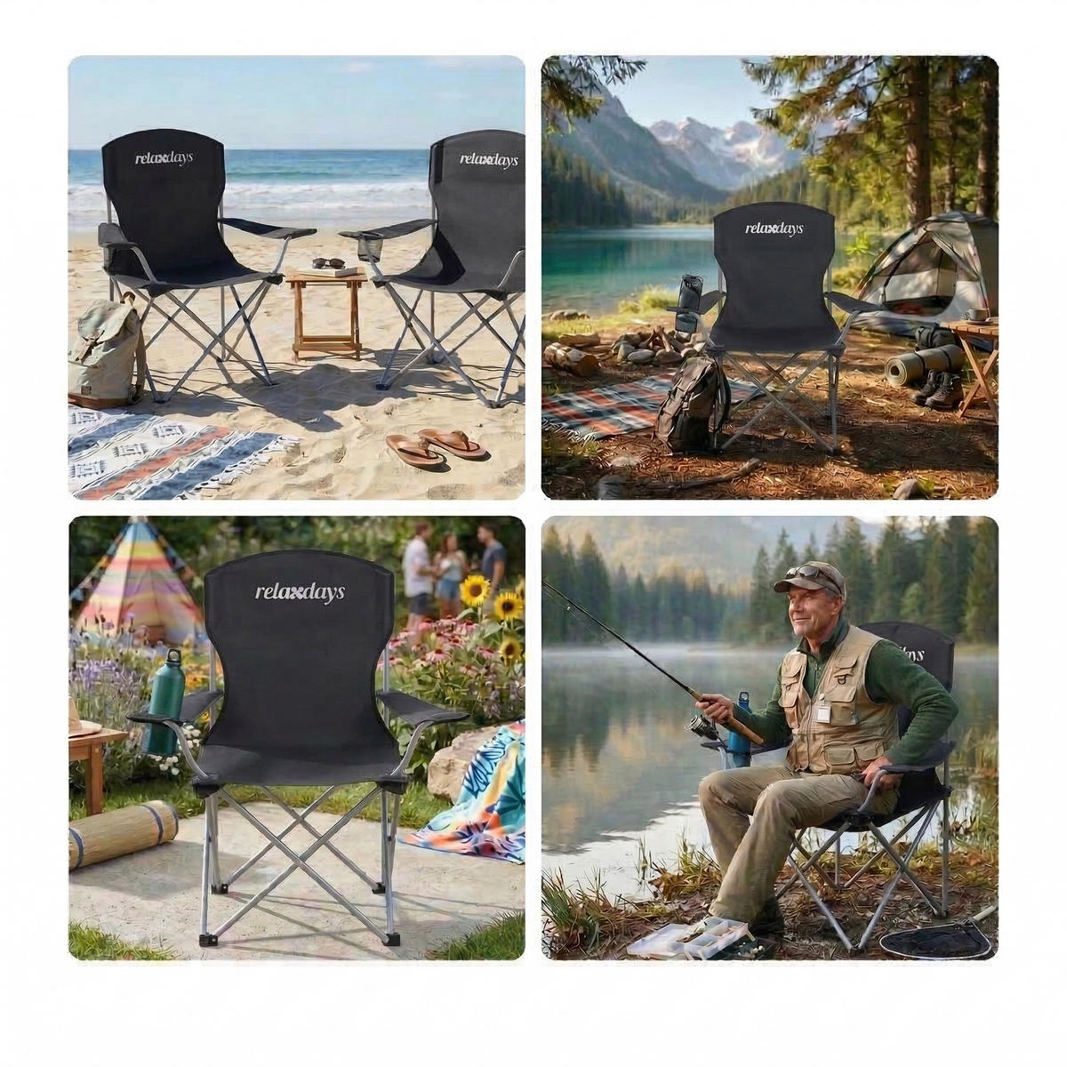 2XSKLÁDACÍ židle - černá, kov/textil (81/97/54cm) - Relaxdays