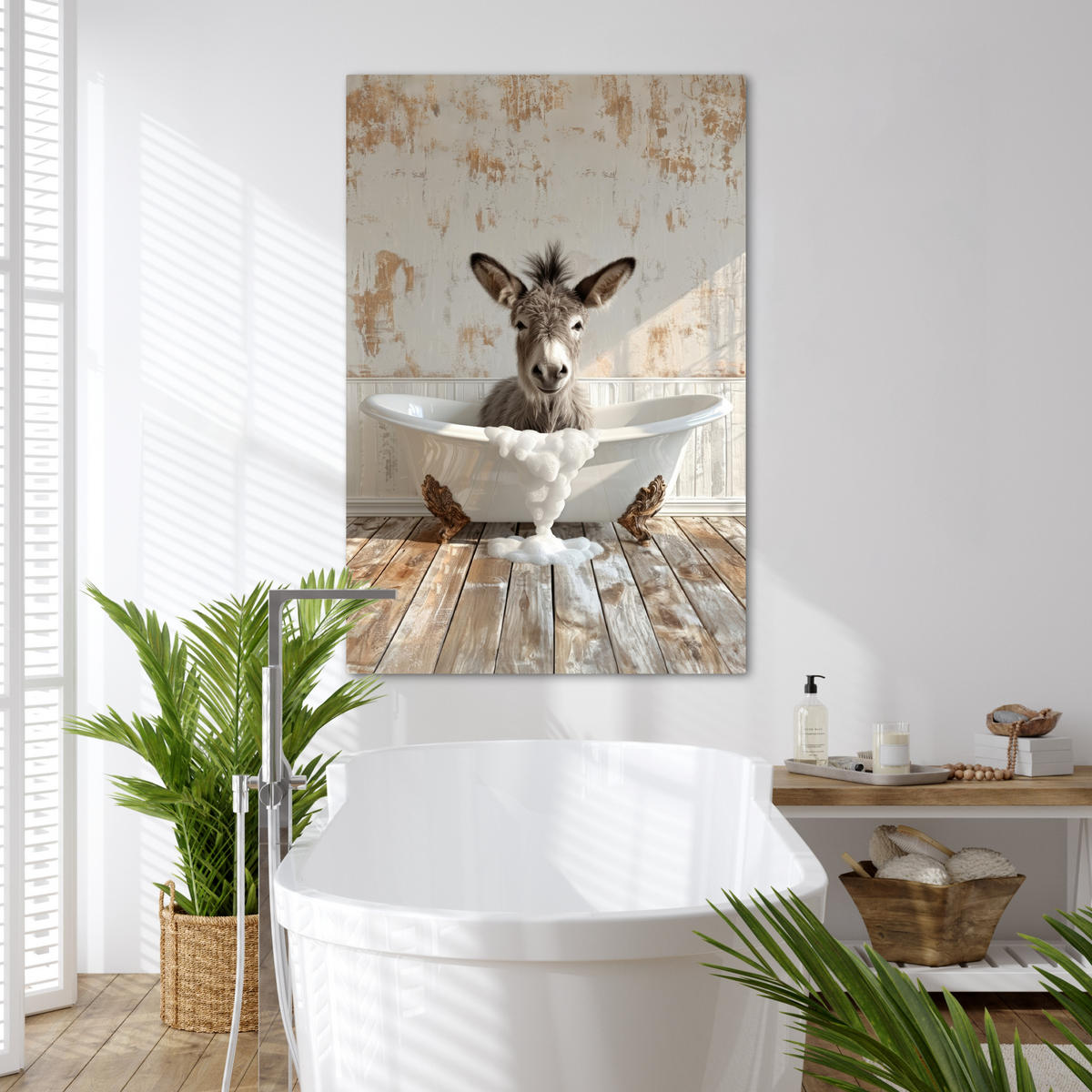 LEINWANDBILD Esel - Tiere - Badewanne - Schaumstoff 80x120 cm - Weiß, Textil (80/120cm) - MuchoWow