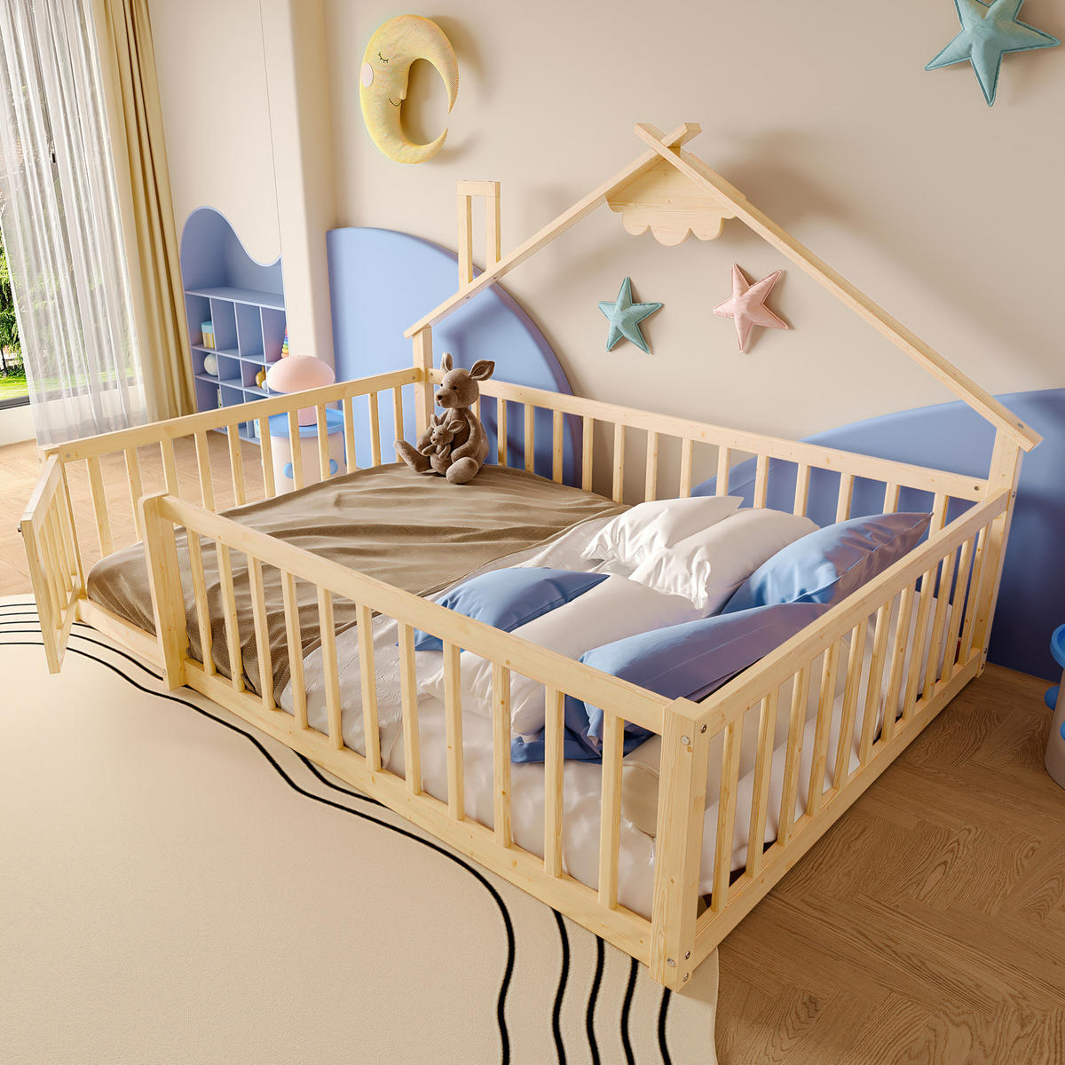 FLACHBETT 140/190 cm Natur Kiefernholz mit Geländer und Schloss - Naturfarben, Holz (140/190cm) - OKWISH