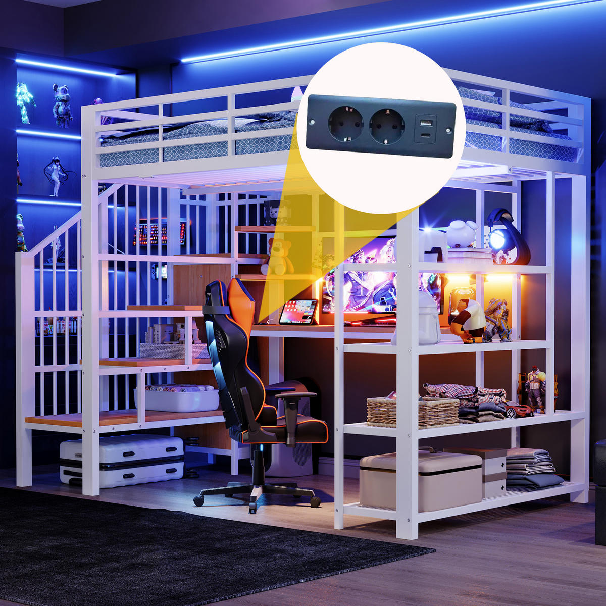 HOCHBETT 140/200 cm in Weiß mit Treppe, LED, Steckdosen und Regal - Weiß, Holzwerkstoff/Metall (140/200cm) - CHICFURN
