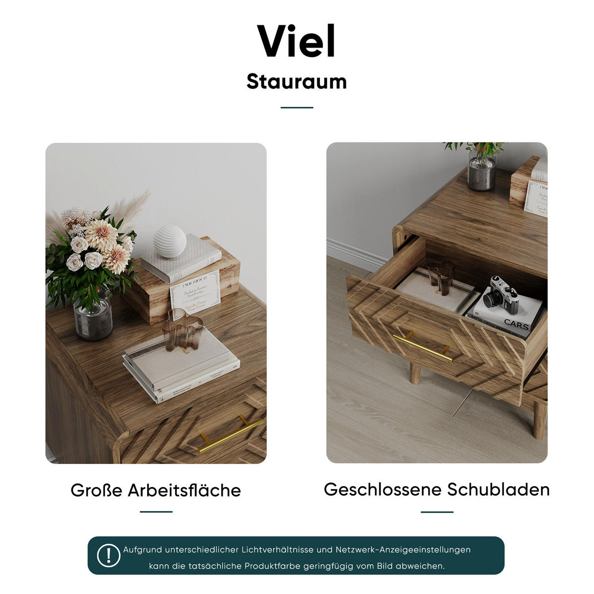NACHTTISCH Nussbaum 3D-Design mit 2 Schubladen & Gold-Details - Walnussfarben, Holzwerkstoff (48/56/38cm) - Urban Meuble