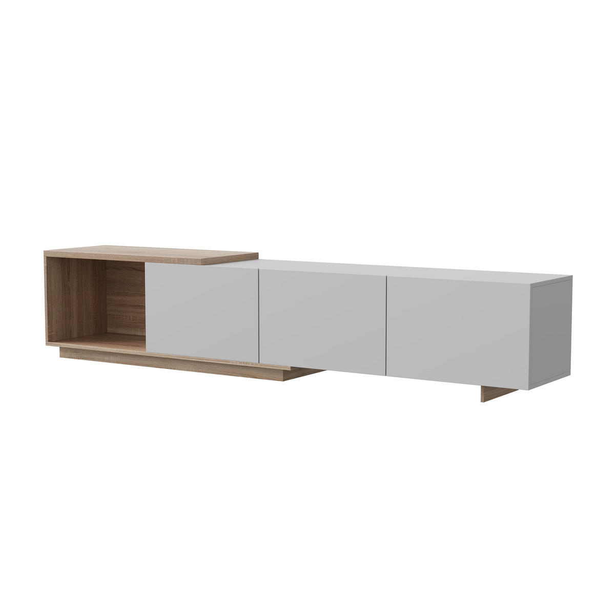 LOWBOARD mit intelligenter Induktions-LED-Beleuchtung, 3 Schubladen und einem offenen Fach, für 65-Zoll - Weiß, Holz (38/44/240cm) - WoodenAura