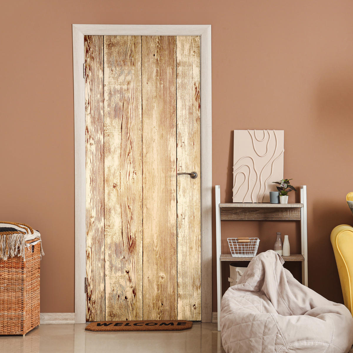 TÜRAUFKLEBER Selbstklebend - Holz - Vintage - Regal - Eiche 90x205 cm - Türtapete - Honigeiche, Kunststoff (90/0.1cm) - MuchoWow