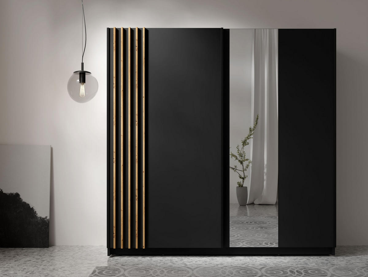 KLEIDERSCHRANK Beralto Schwarz 200/198,5/63,5 cm – mit Spiegel und Lamellenfront - Schwarz, Holzwerkstoff (200/198.5/63.5cm) - AX Living