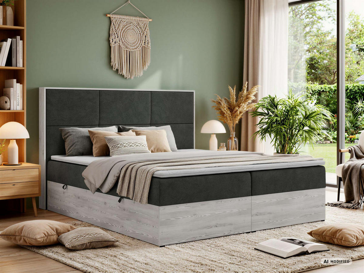 KONTINENTÁLNÍ POSTEL DELNOR 140/200 - Tmavě šedá Strukturovaná látka - Topper Visco - H3 - černá/tmavě šedá, textil/plast (140/200cm) - MKS