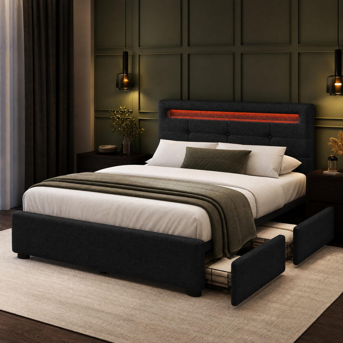 POLSTERBETT 90/200 mit LED, 2 Schubladen und höhenverstellbarem Kopfteil in Schwarz - Schwarz, Holzwerkstoff/Textil (90/200cm) - EVRYAE
