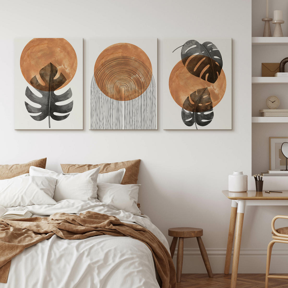 LEINWANDBILDER 3-es Set Blätter Kreise - Schwarz/Weiß, Textil (90/40cm) - Muralo