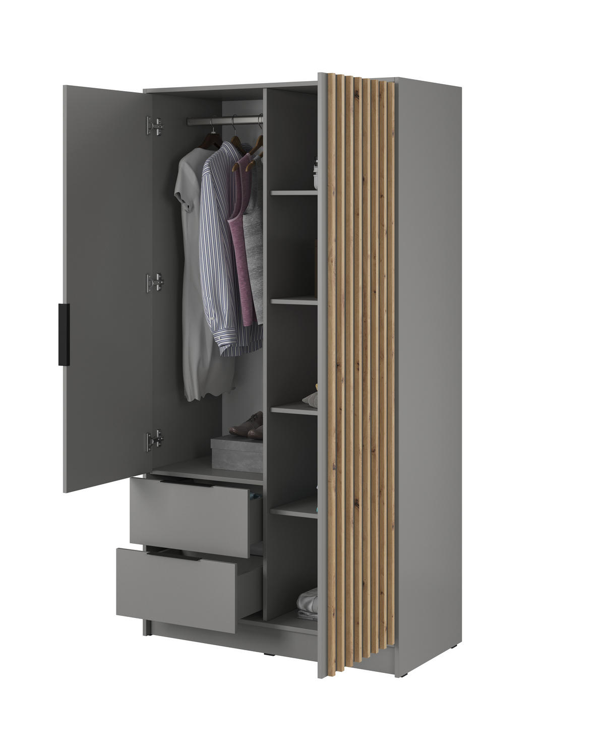 KLEIDERSCHRANK Nelly Grau, Artisan Eiche Lamellen, Schrank Zweitürige, Garderobe mit Schubladen - Grau, Holzwerkstoff (105/200/51cm) - Bettso