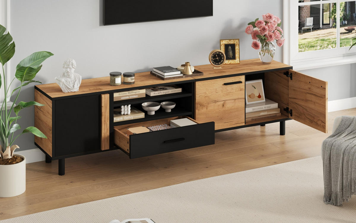 TV-LOWBOARD 180/32,5/50 cm mit 3 Türen, 1 Schublade und offenem Fach aus Spanplatte, Schwarz/Holzoptik - Schwarz, Holzwerkstoff (180/50/32.5cm) - Redom