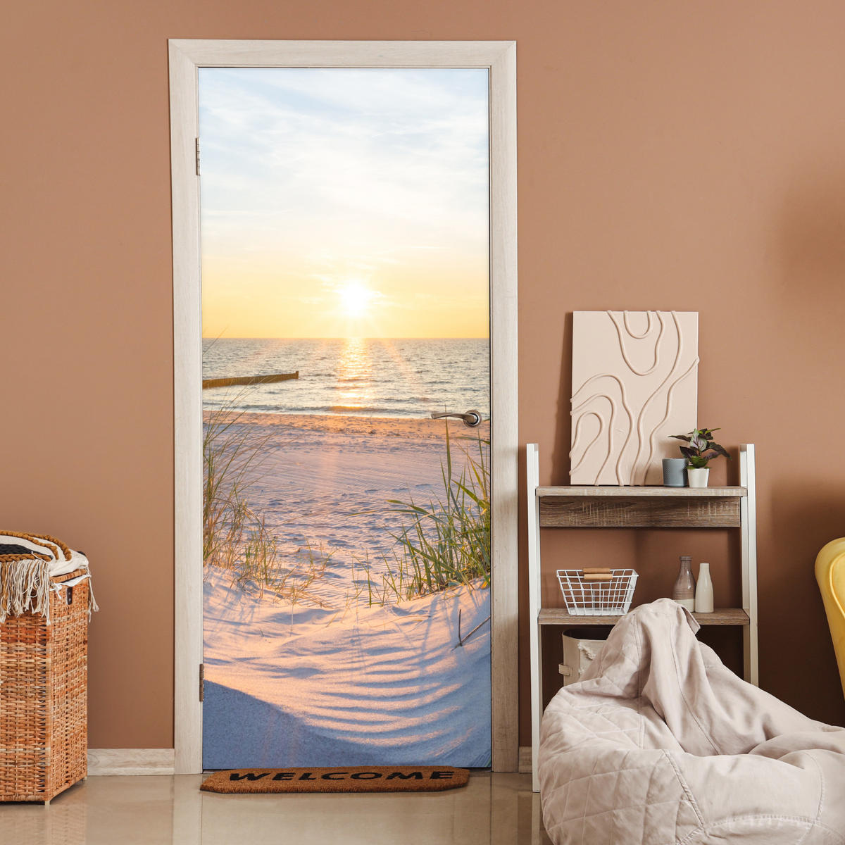TÜRAUFKLEBER Selbstklebend - Strand - Sonne - Düne - Gras - Sand - Horizont 95x215 cm - Türtapete - Dunkelgelb, Kunststoff (95/0.1cm) - MuchoWow