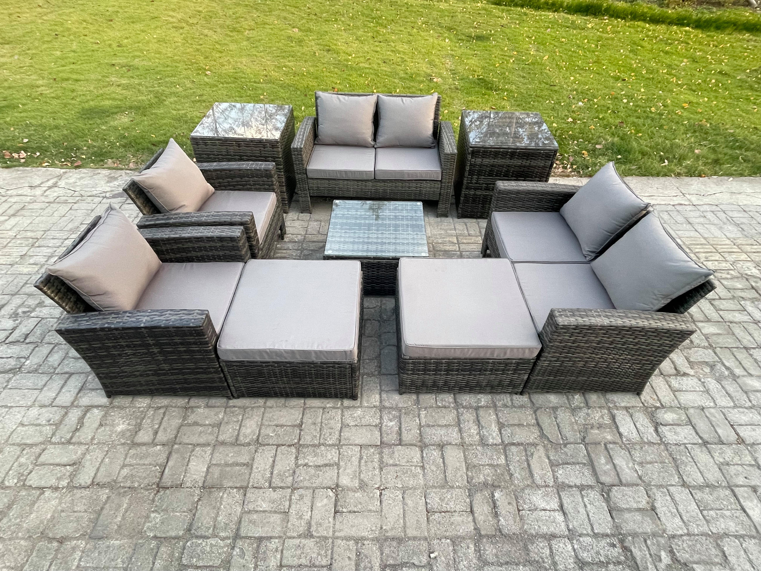 GARTENSOFA SET mit Couchtisch Polyrattan Dunkelgrau 8-Sitzer - Dunkelgrau, Metall - Fimous