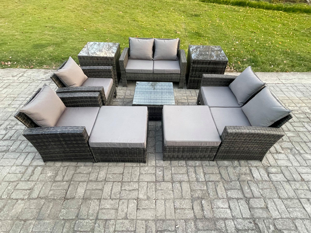 GARTENSOFA SET mit Couchtisch Polyrattan Dunkelgrau 8-Sitzer - Dunkelgrau, Metall - Fimous