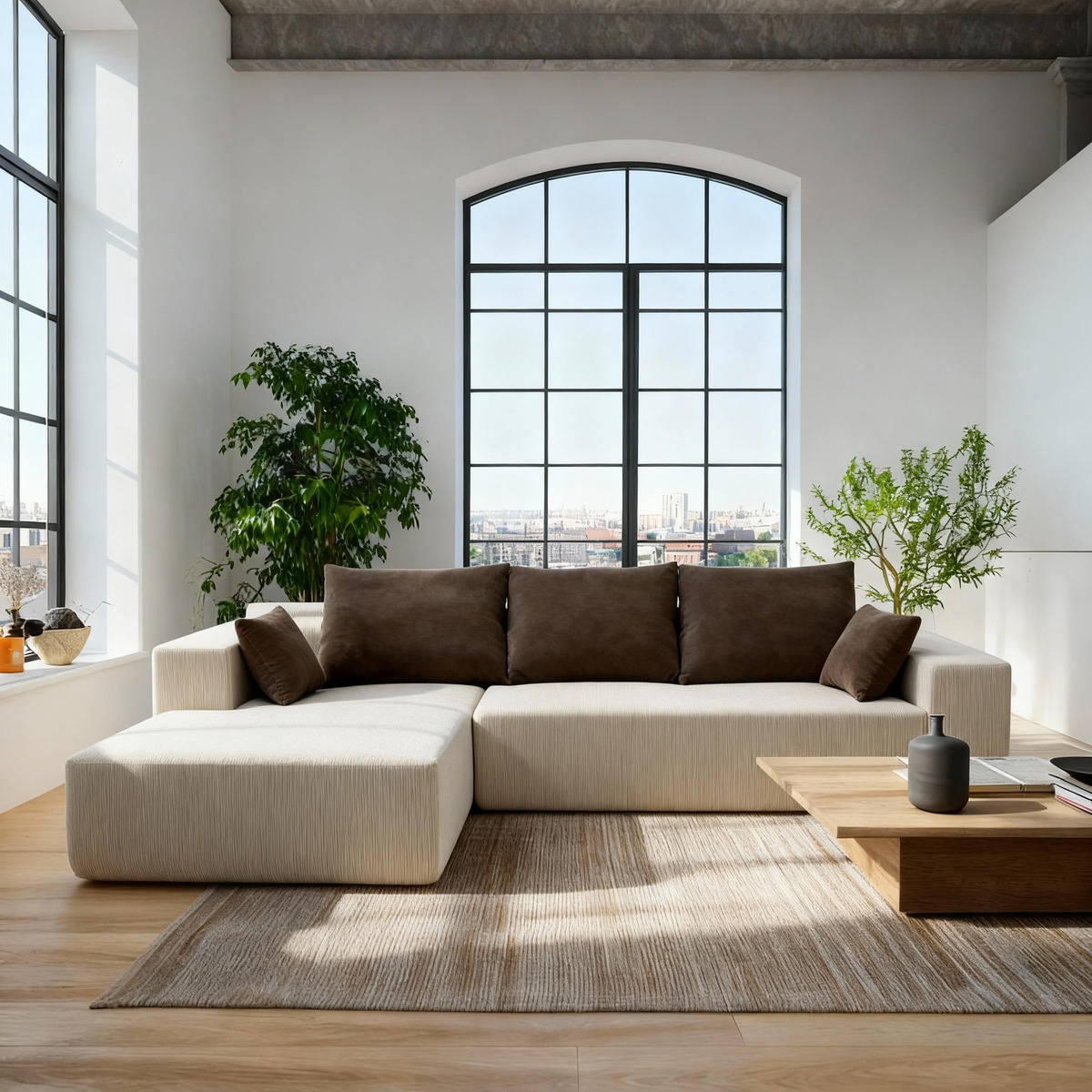 ECKSOFA Luna Sand Braun 3-Sitzer Links - Beige, Textil (267/175cm) - COCO Living