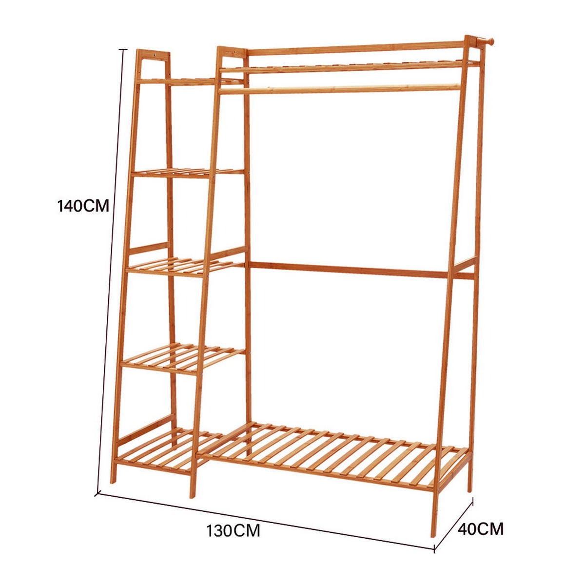 GARDEROBENSTÄNDER 130/40/140 cm 7-Ablagefächer Kleiderstange Haken Freistehend Bambus Braun - Braun, Holz (130/140/40cm) - Livingandhome