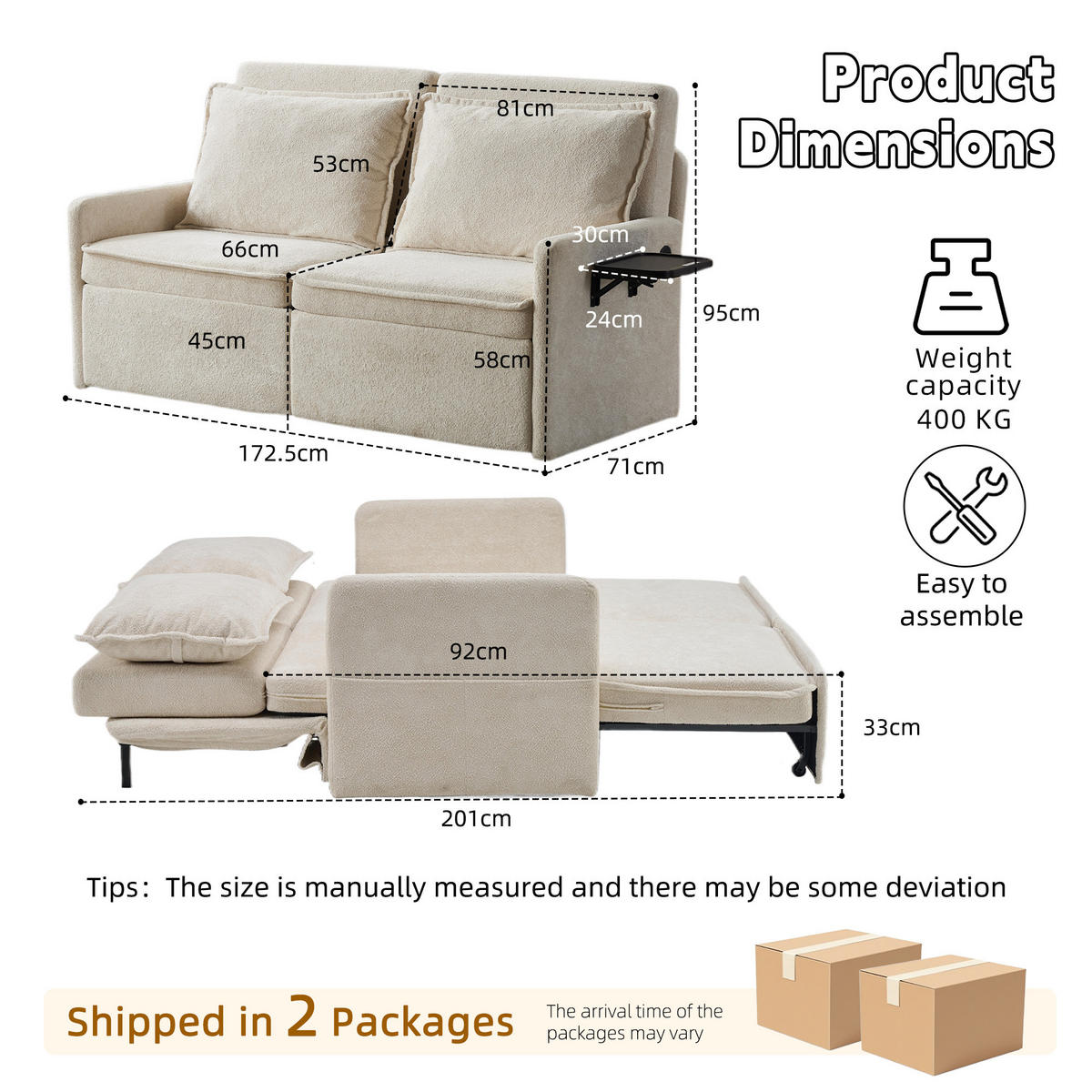 SCHLAFSOFA DE-33505 mit 5‑Stufen verstellbar Beige - Beige, Textil (172.5/95/71cm) - ComfortXL