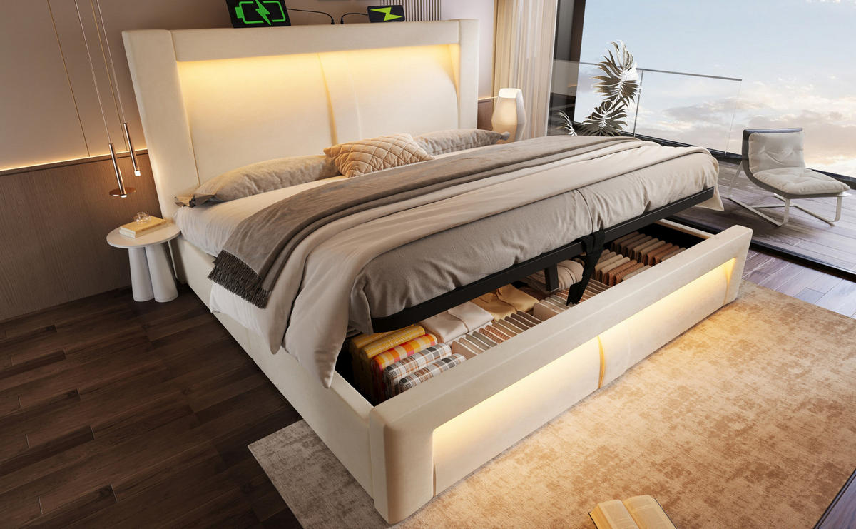 ČALOUNĚNÁ postel 140/200 cm béžová ze sametu s úložným prostorem, LED osvětlením a USB nabíjením - béžová, textil (140/200cm) - OKWISH