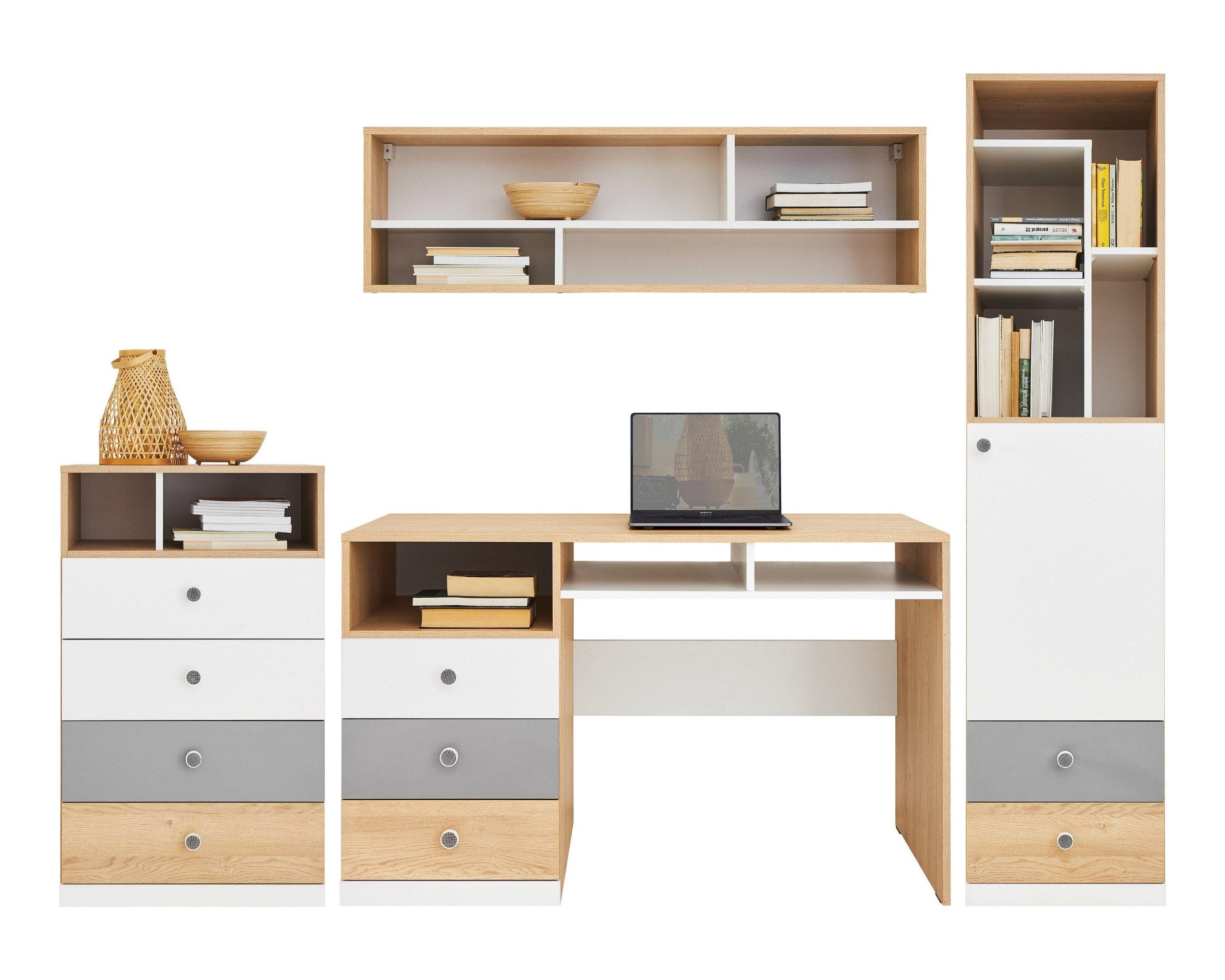 JUGENDZIMMER-SET POKO A 4-teilig in Biskuiteiche / Weiß Lux / Grau - Eichefarben/Weiß, Holzwerkstoff (230/190/55cm) - Deine Möbel 24