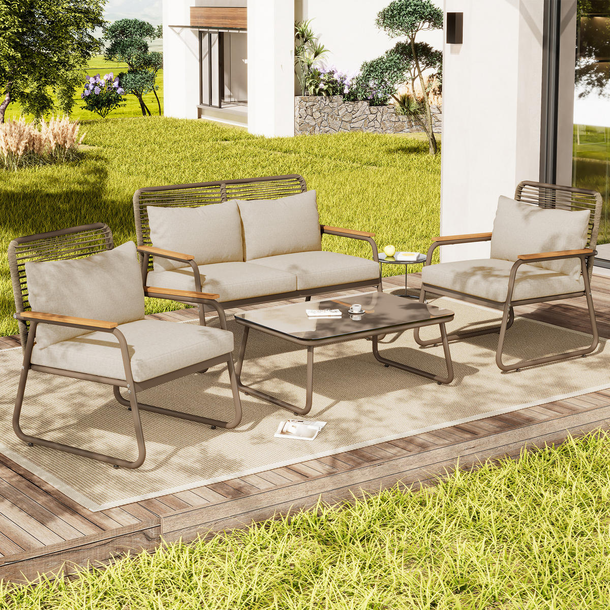 LOUNGESET 4 Personen Beige Mit Verstellbaren Füßen & Glastisch - Beige, Metall - FLIEKS