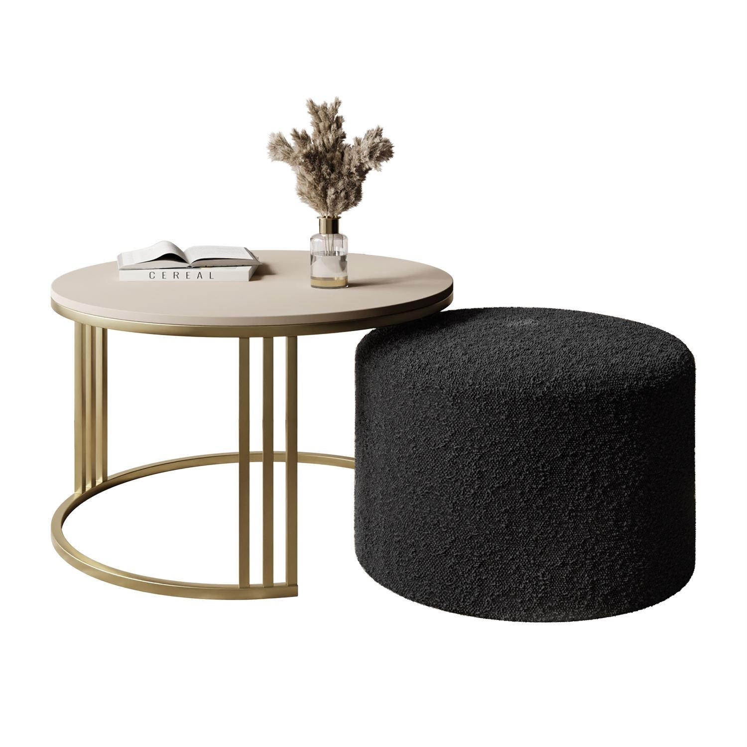 COUCHTISCH mit Hocker LORI MAT gebürstetes Gold/Kaschmir matt/Coral 60 - Kaschmir, Metall (70/70/49cm) - Lookway