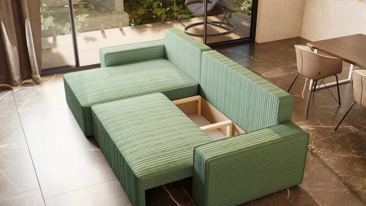 ECKSOFA Tobi mit Bettkasten und Schlaffunktion, L-Form/XL-Form, Cordstoff, Universal - Mintgrün, Holzwerkstoff (276/145cm) - 4ALL HOME