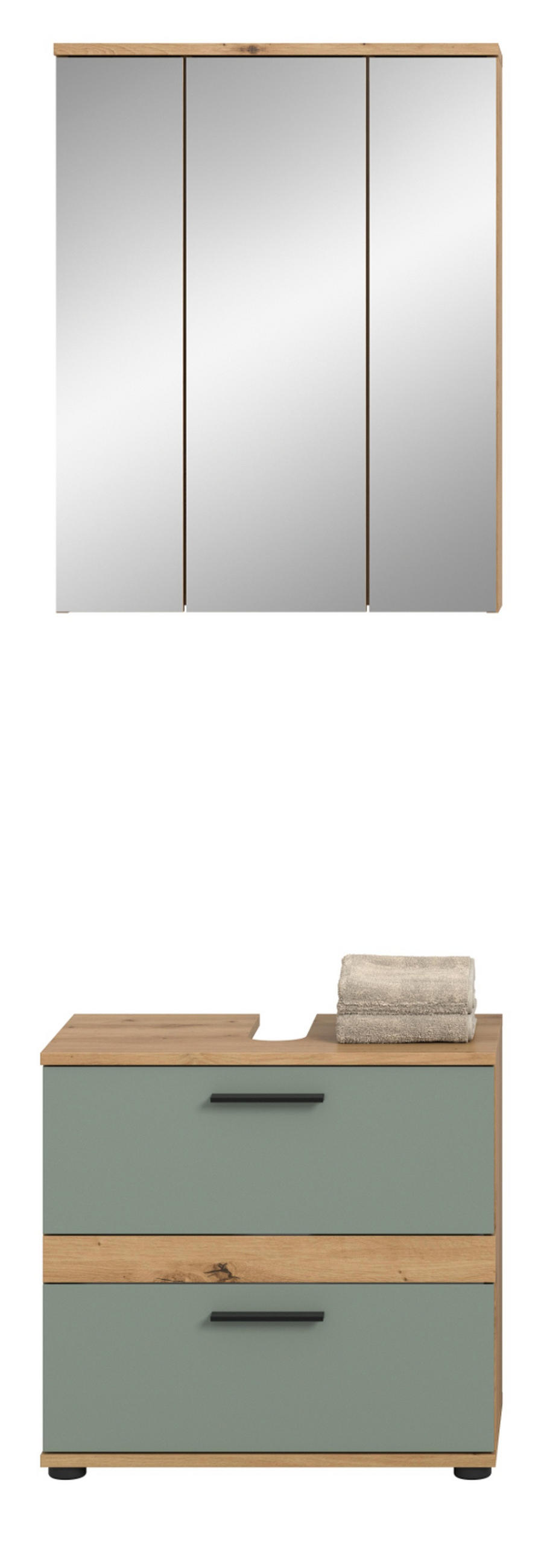 BADMÖBEL-SET Salbei grün, Eiche Artisan 60 cm 2-teilig, moderne Badeinrichtung - Salbeigrün/Schwarz, Glas/Holzwerkstoff (60/191/34cm) - Inn.Furn
