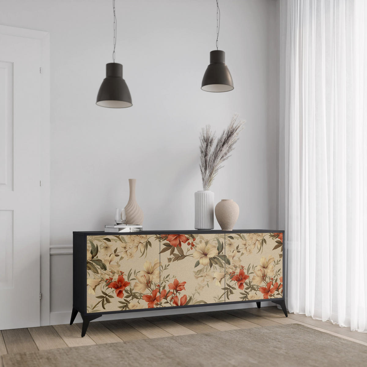 SIDEBOARD BLOOMING HARMONY, Eicheneffekt, 164,5x42x77,5 cm, 3 Türen - Eichefarben/Buchefarben, Holzwerkstoff/Buchenholz (164.5/77.5/42cm) - SpaceRebels