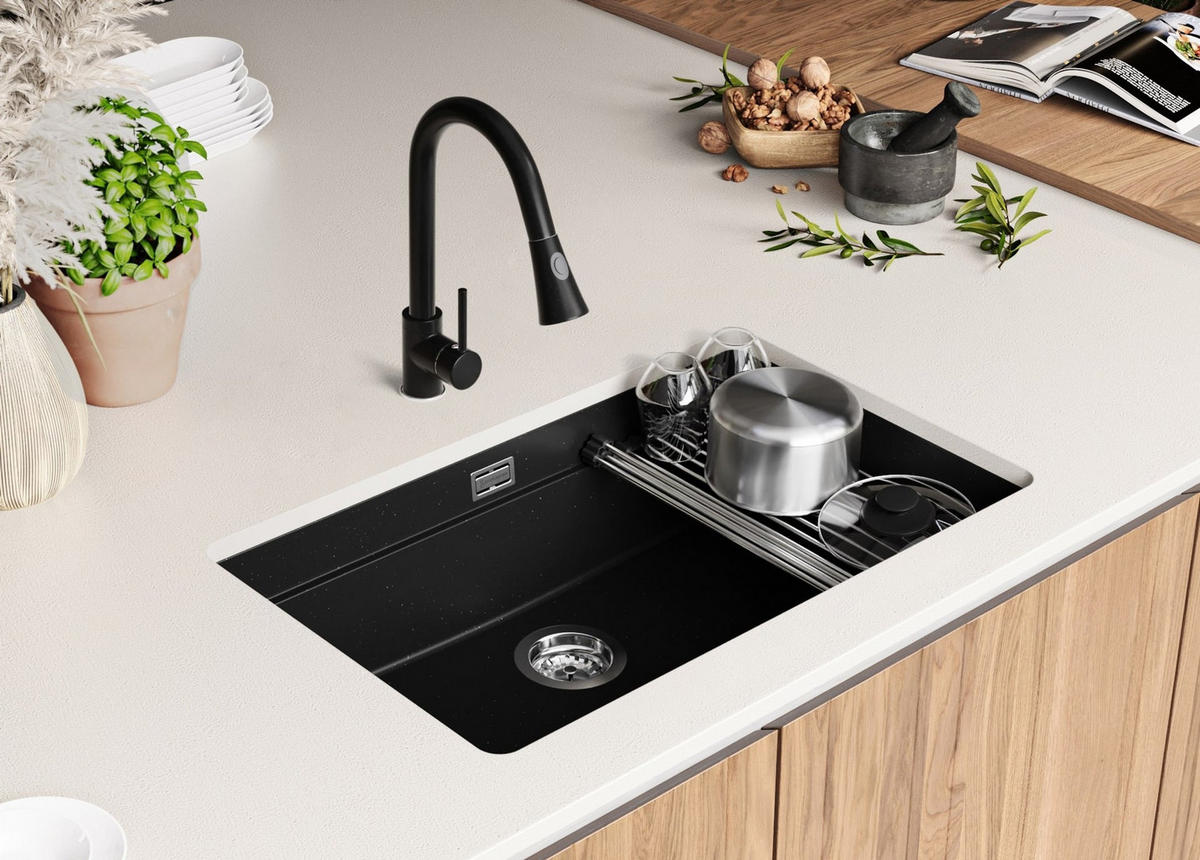 UNTERBAUSPÜLE GRANIT Praga, 2-er set Schwarz Metallic 76/47 cm 1 Becken + Ablauf-Set + Aufrollbare Abtropffläche ab 80er Unterschrank - Chromfarben/Schwarz Hochglanz, Kunststoff (76/20/47cm) - Primagran