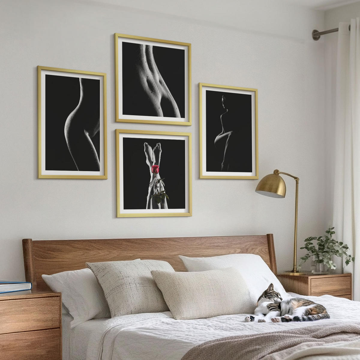 BILDER SET 4er Set - 50x50 cm & 40x60 cm Goldrahmen - Schwarze und weiße weibliche Formen - Goldfarben, Kunststoff (50/50cm) - TULUP