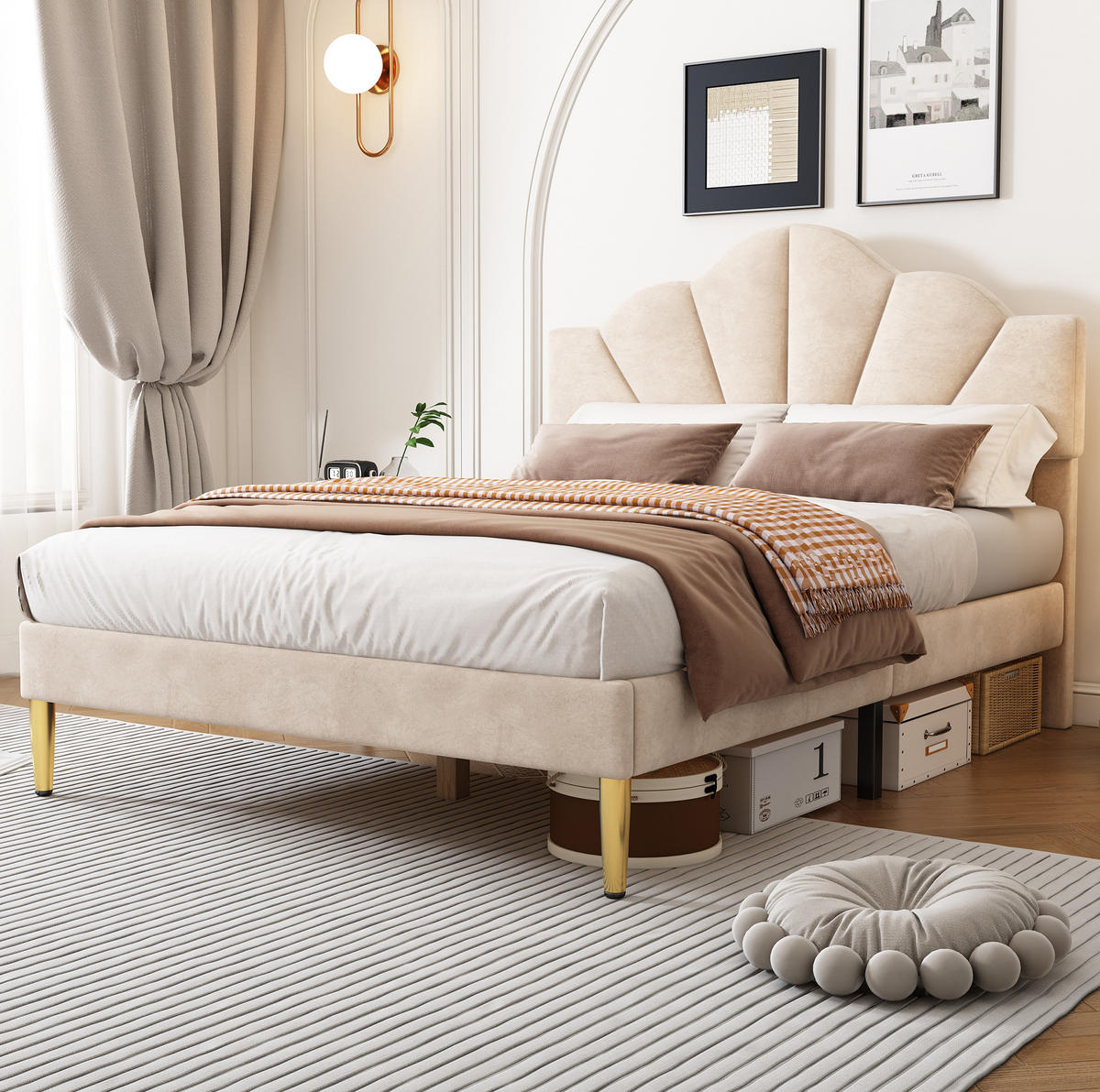 SAMT-POLSTERBETT 140/200 cm in Beige mit verstellbarem Kopfteil - Beige, Textil (140/200cm) - BEAOK