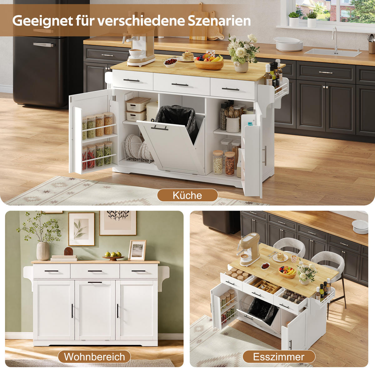 KÜCHENINSEL DE-41372 136/50-75/92 cm, klappbare Arbeitsplatte und Mülleimerschrank Weiß - Weiß, Holzwerkstoff (136/92/75cm) - ComfortXL