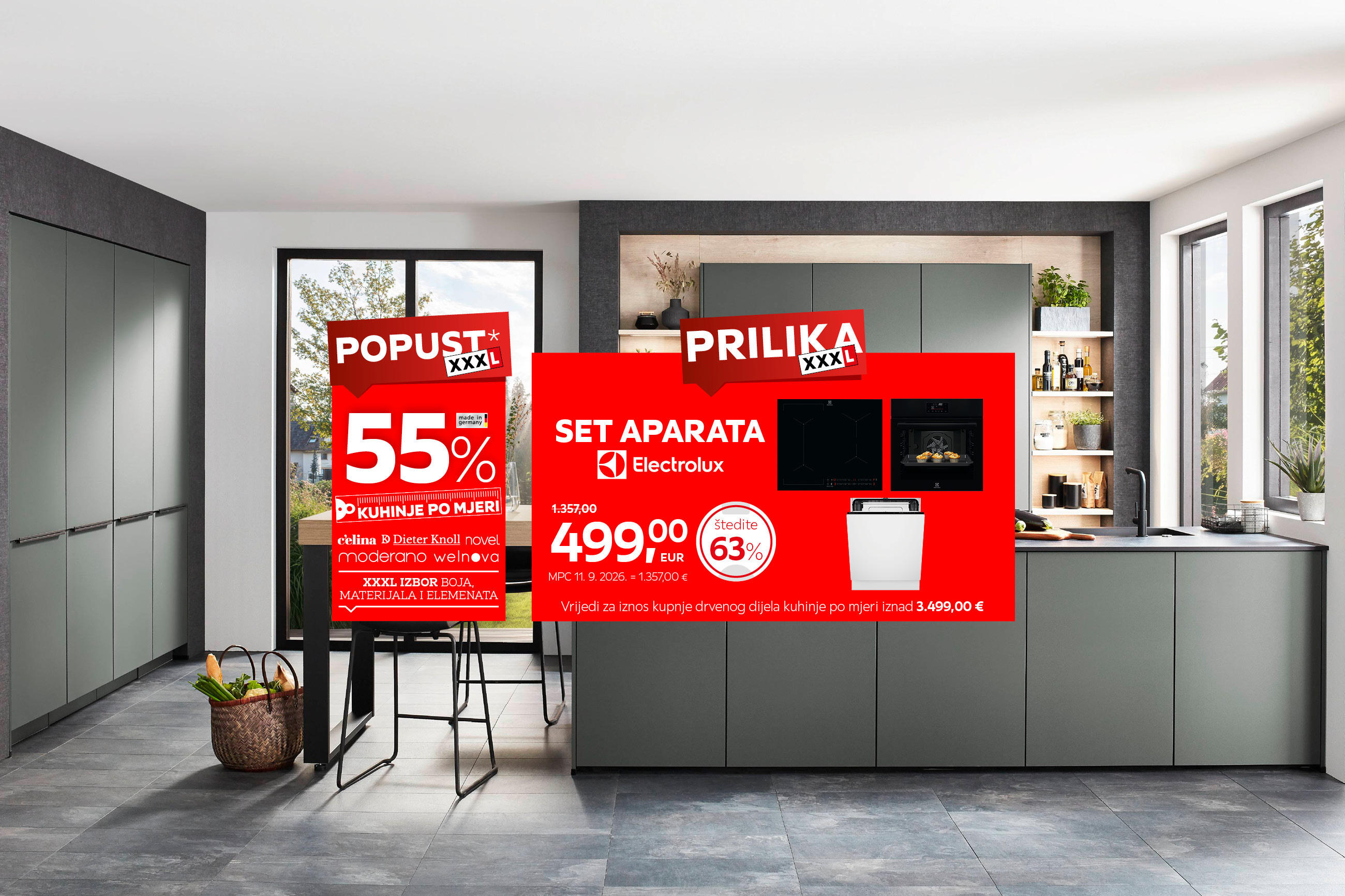 55% kuhinje po mjeri c'elina, Dieter Knoll, novel, moderano, welnova / PRILIKA set aparata Electrolux umjesto 1.357,00 € nova cijena 499,00 € štedite 63% / Vrijedi za iznos kupnje drvenog dijela kuhinje po mjeri iznad 3.499,00 €