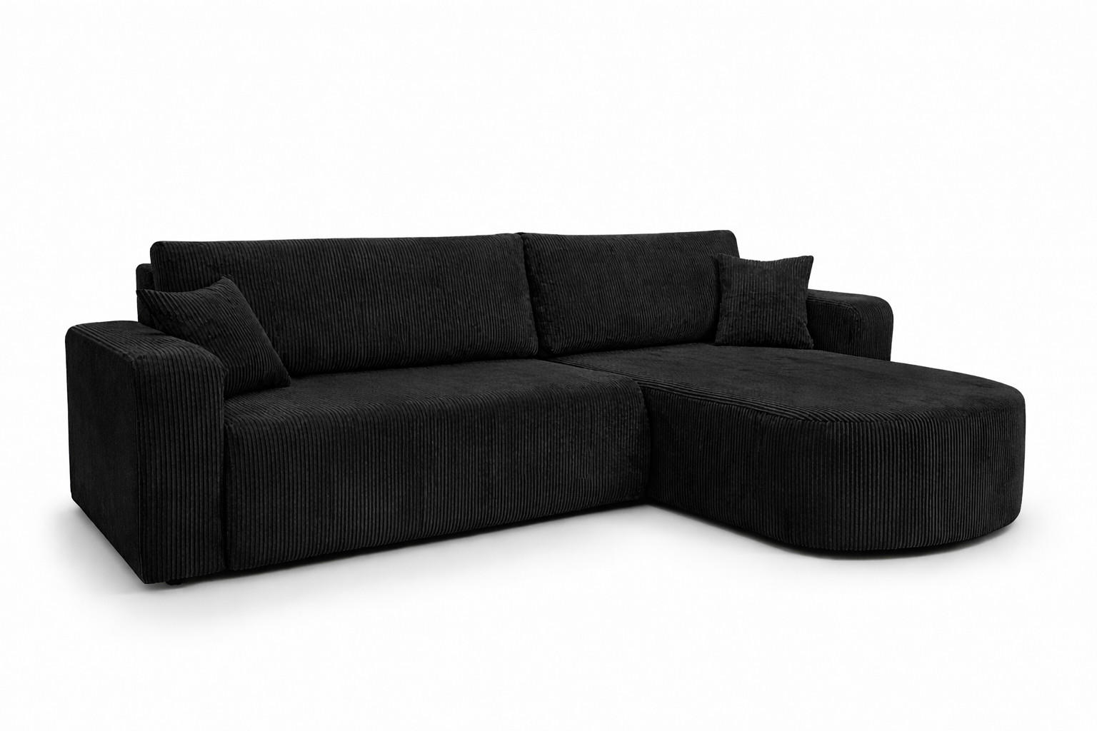 ECKSOFA Mit Schlaffunktion, Cordstoff Poso, Schwarz, Rechts, ROUND ONE XL - Schwarz, Holz (271/175cm) - Kaiser Möbel