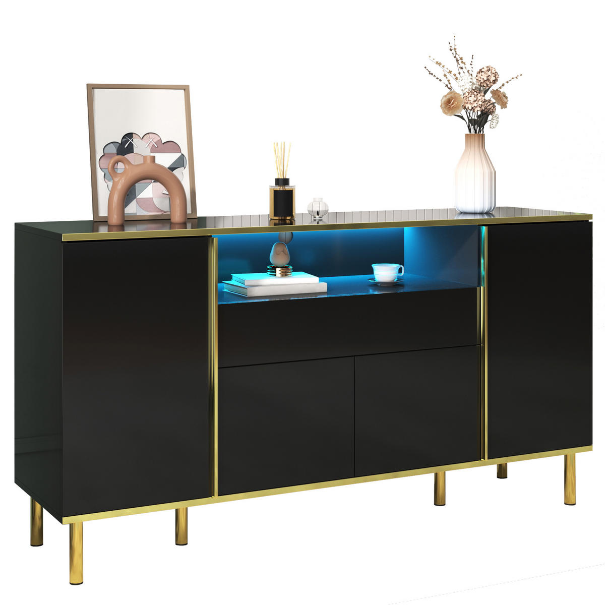 SIDEBOARD mit LED-Beleuchtung, Schublade und Hochglanz-Oberfläche - Goldfarben/Schwarz, Holzwerkstoff/Metall (150/80/40cm) - EVRYAE