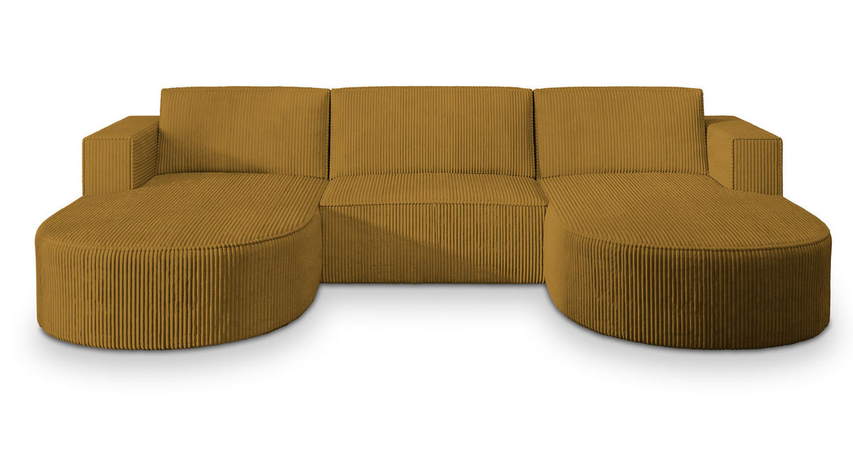 WOHNLANDSCHAFT VEZZO P Gelb Kordstoff mit Schlaffunktion - Gelb, Holz (347/85/174cm) - MASSENO