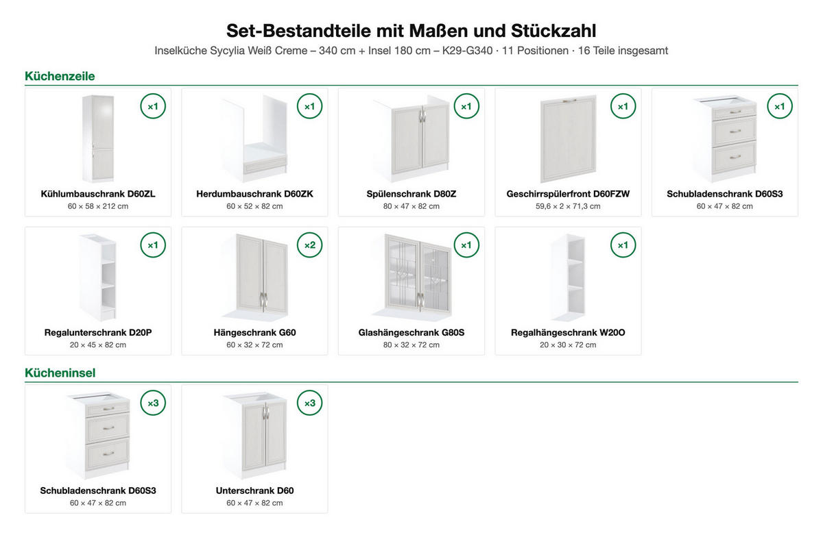 INSELKÜCHE Sycylia Weiß Creme – 340 cm + Insel 180 cm – K29-G340 - Silberfarben/Creme, Holzwerkstoff/Metall (340/212/60cm) - ROYAL24_MARKT
