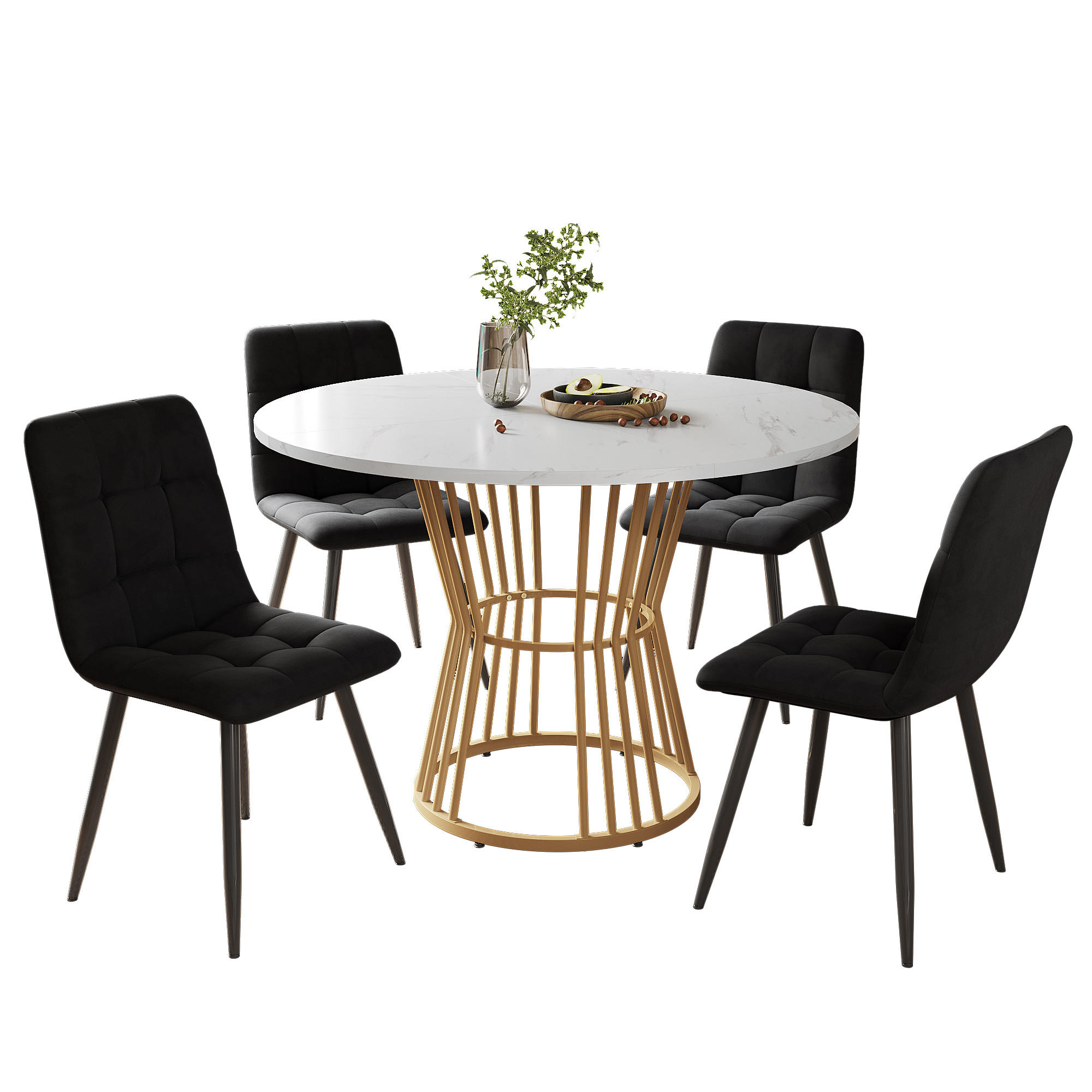 ESSTISCHSET 5-Teilig Mit 4 Stühlen, Rund 100 Cm, Weiß, Schwarz Samt - Schwarz, Holzwerkstoff (100/75/100cm) - FLIEKS