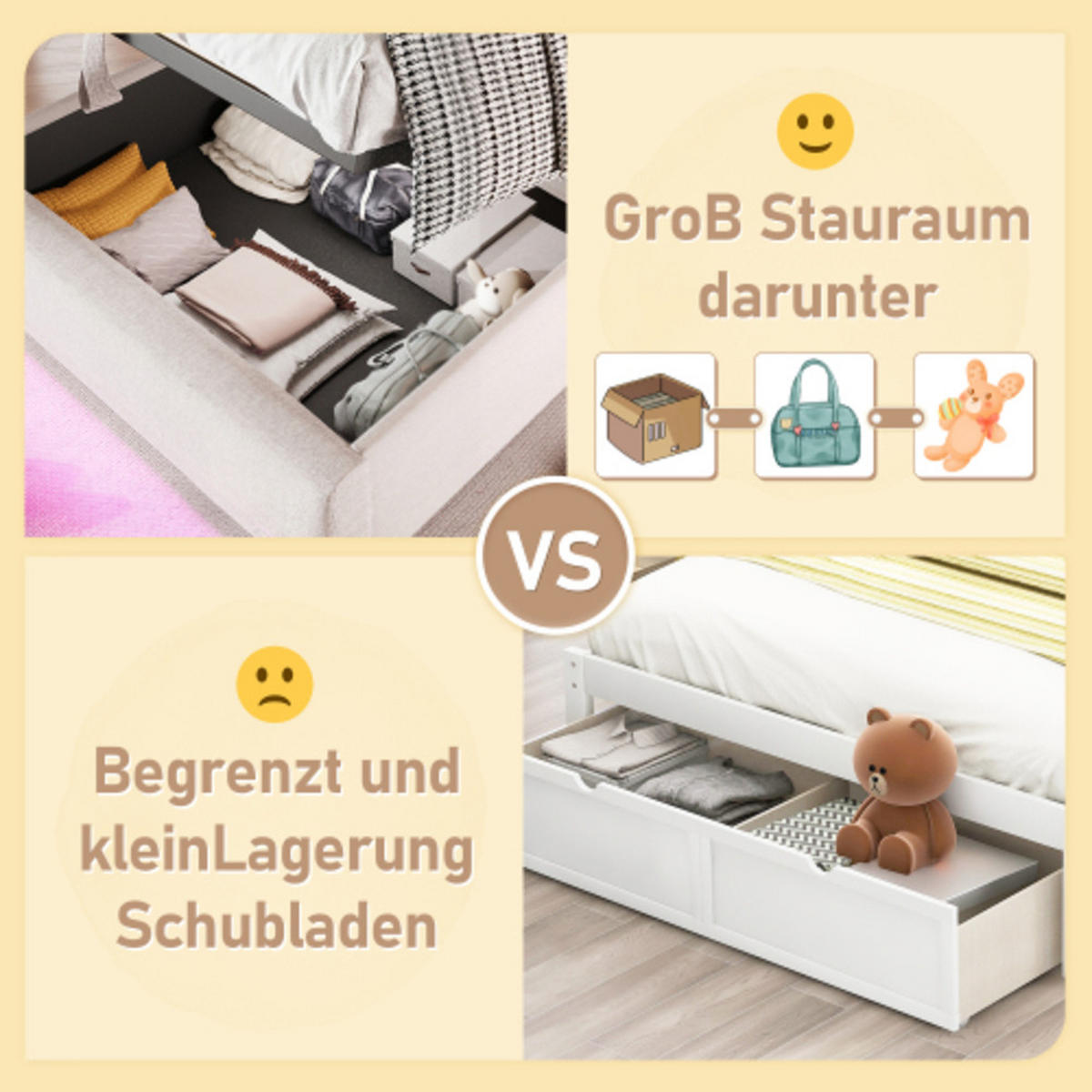 POLSTERBETT 90 × 200 cm mit Leinenbezug, hydraulischem Stauraum, 16-Farben-LED-Leiste und USB-Anschluss, beige - Beige, Textil (90/200cm) - Luhomfu