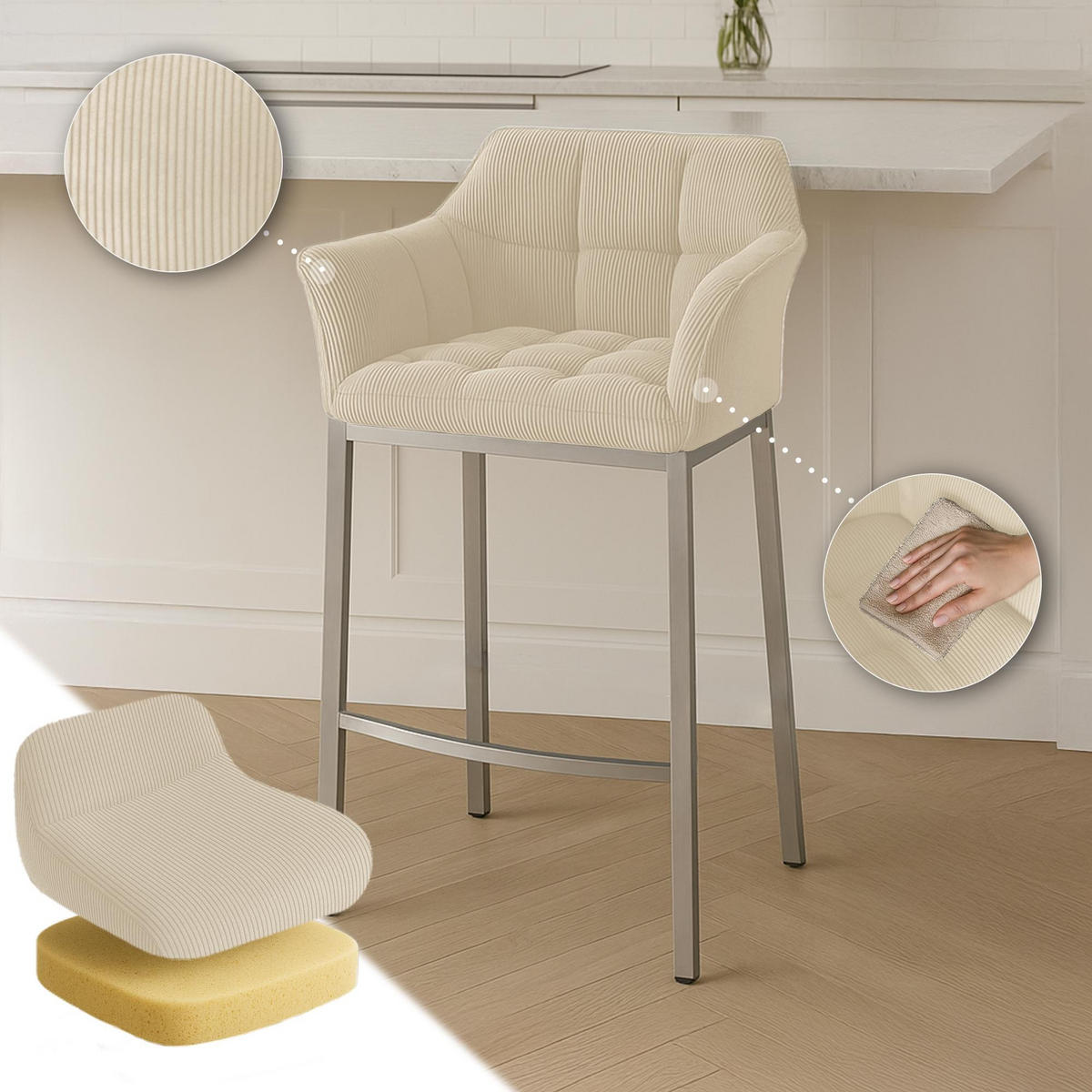 BARHOCKER Damaso Cordbezug 110x64x48 cm creme - Creme, Metall (64/110/48cm) - furnicato