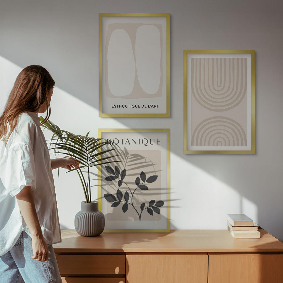 BILDER SET 3er Set - 40x60 cm Goldrahmen - Boho-Pflanzenposter - Goldfarben, Kunststoff (40/60cm) - TULUP
